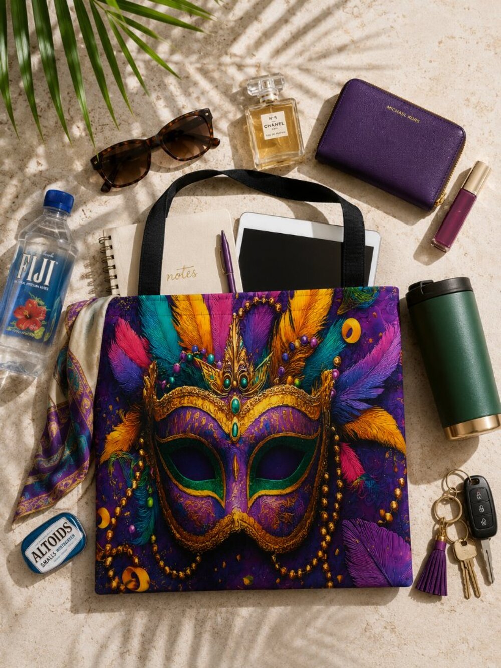 Mardi Gras Mask Art Tote Bag 14x16 Colorful Statement Resort Carryall NIB - Picture 6 of 11